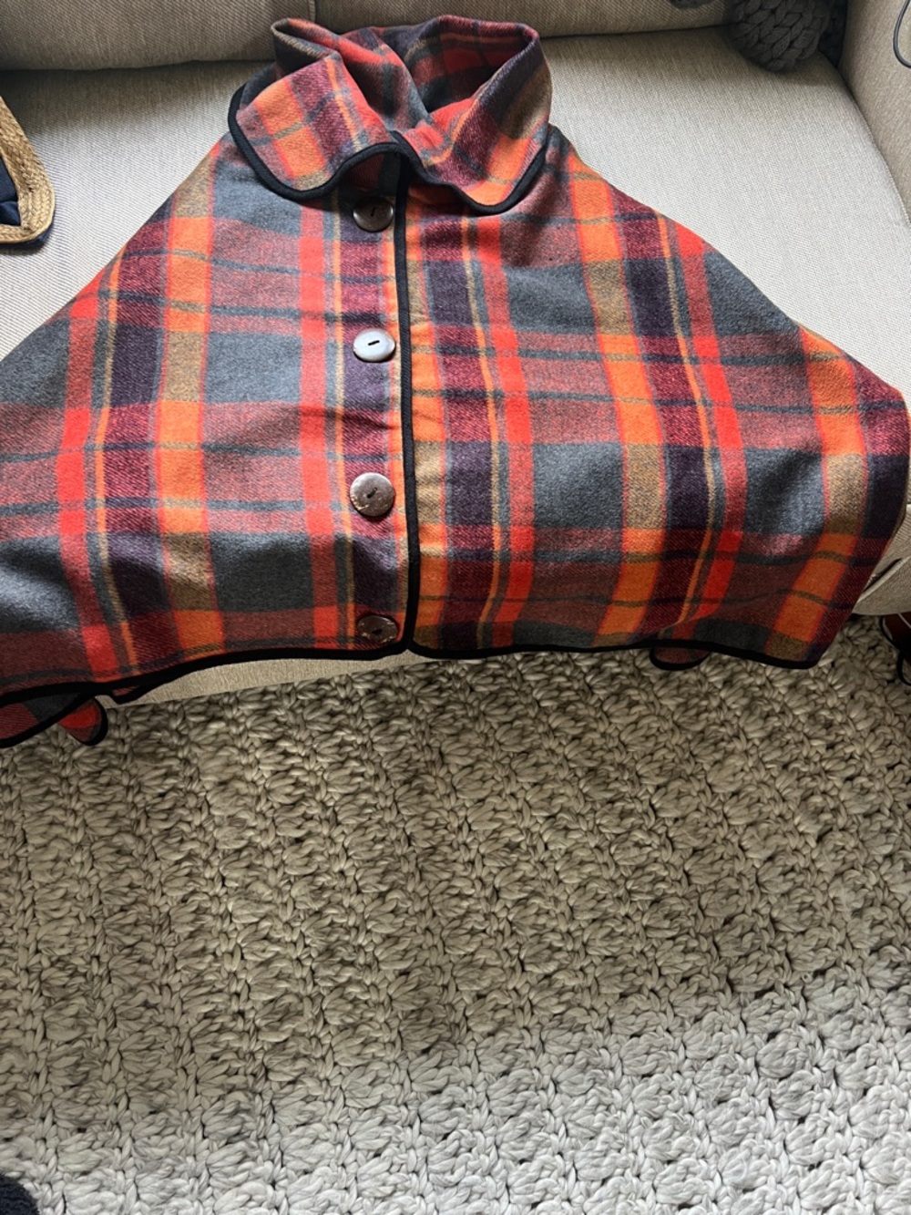 Plaid Button Front Cape Jacket in Orange and Gray